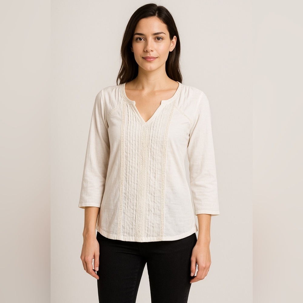 Sonoma 🤍 White Boho Peasant Top with Pintuck & Lace Detail – Size M